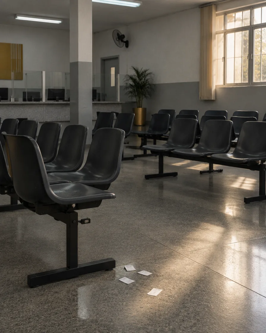Sala de espera de um serviço público, com cadeiras vazias e senhas de papel no chão